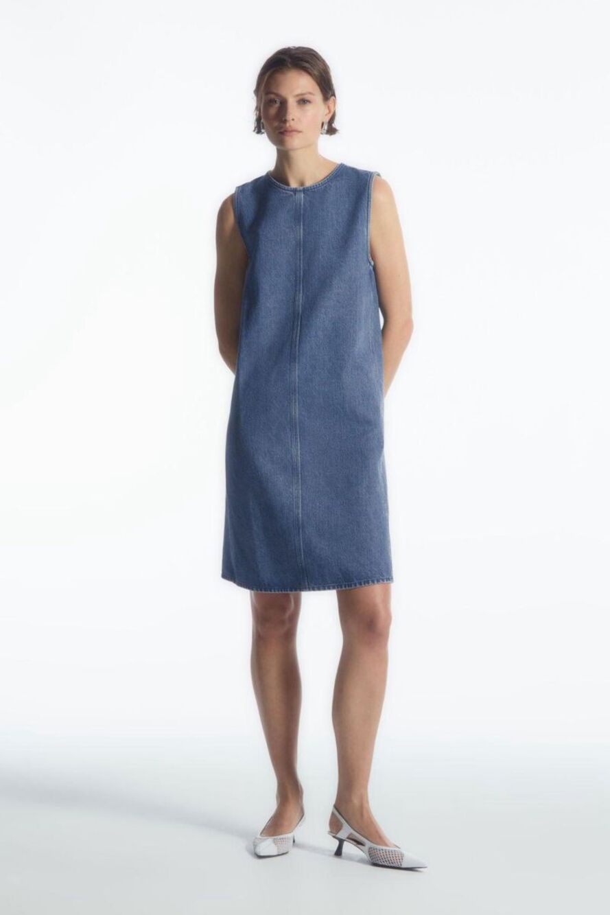 COS Paneled Denim Shift Dress Tie Back Size 6